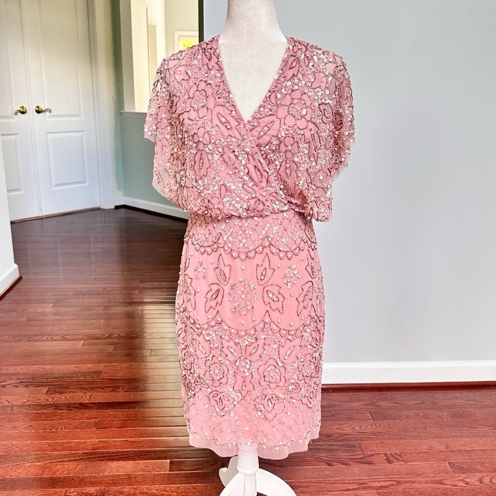 NWT Adrianna Papell Blush Pink Fully Beaded Embellished Blouson Cocktail Dress